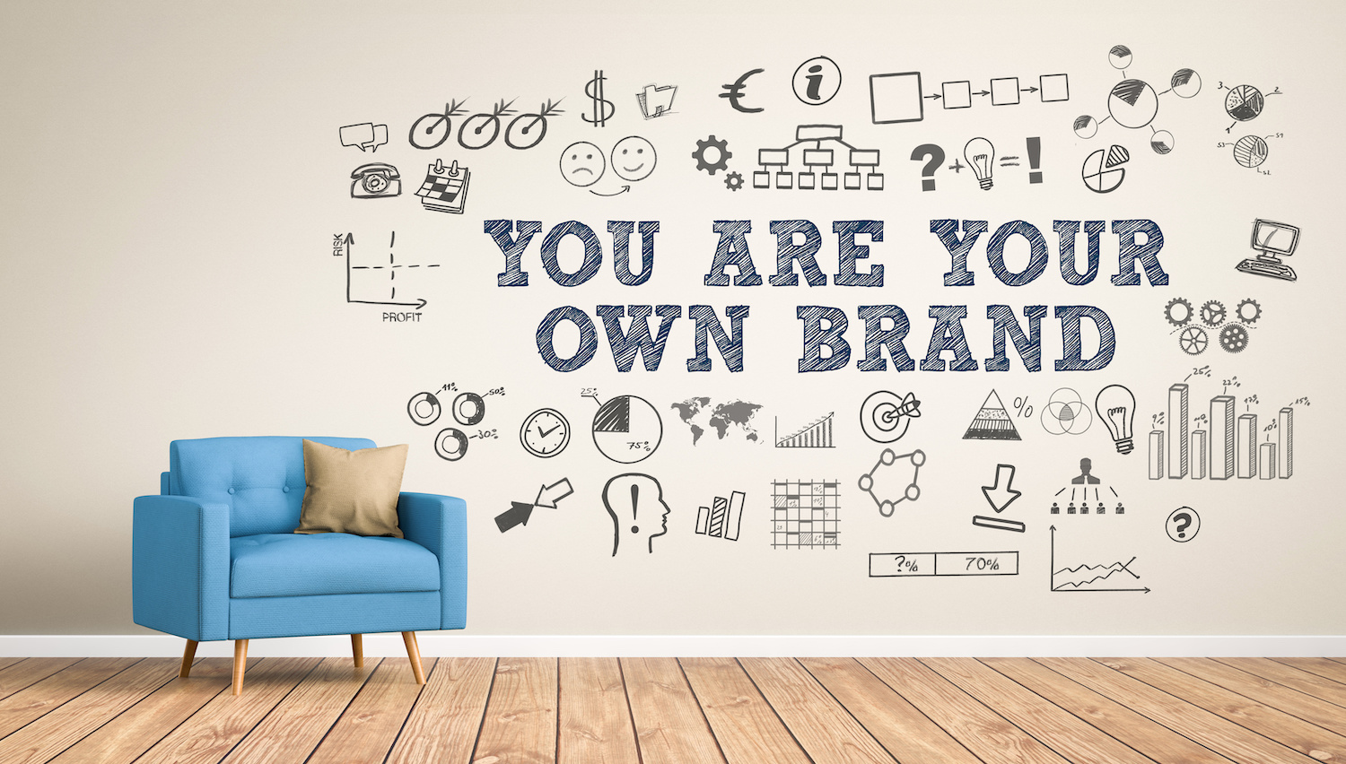 Photo of wall with icons and text that says that You Are Your Own Brand